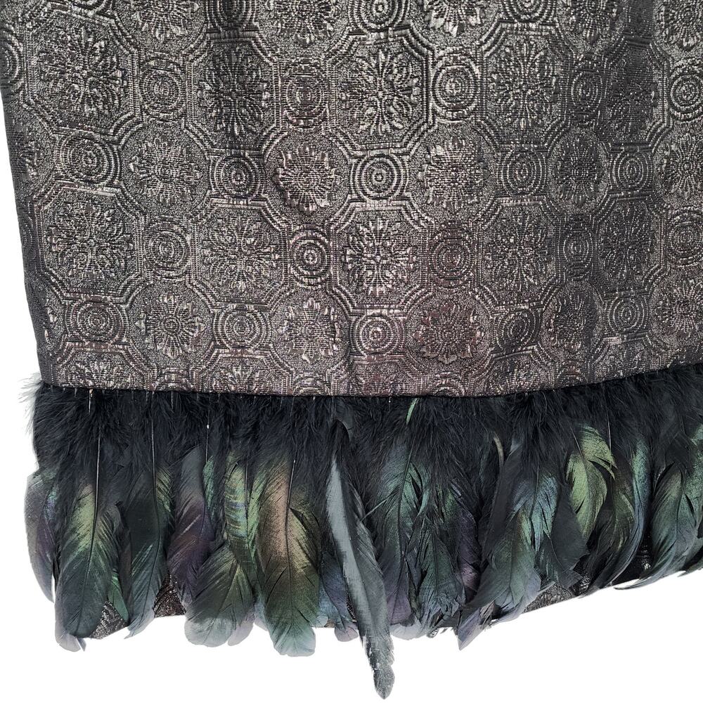 Badgley Mischka Feather Hem Cocktail Dress 10 Metallic Brocade Sleeveless Black - Picture 6 of 11